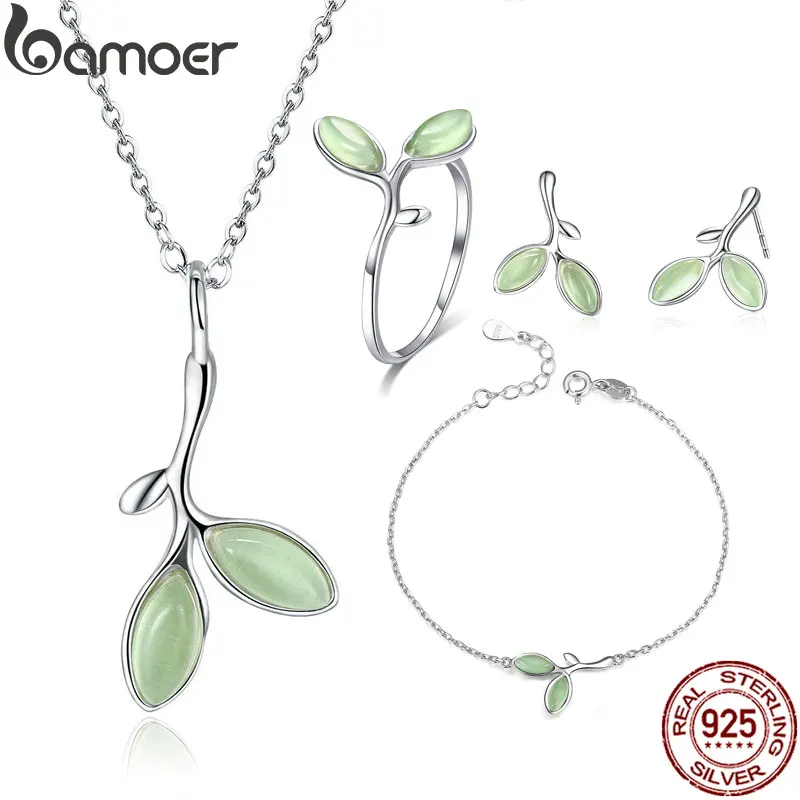 BAMOER, натуральная 925 пробы, серебряное дерево, листья, почки, зеленая эмаль, ювелирные наборы для женщин, ювелирные изделия из стерлингового серебра ZHS070