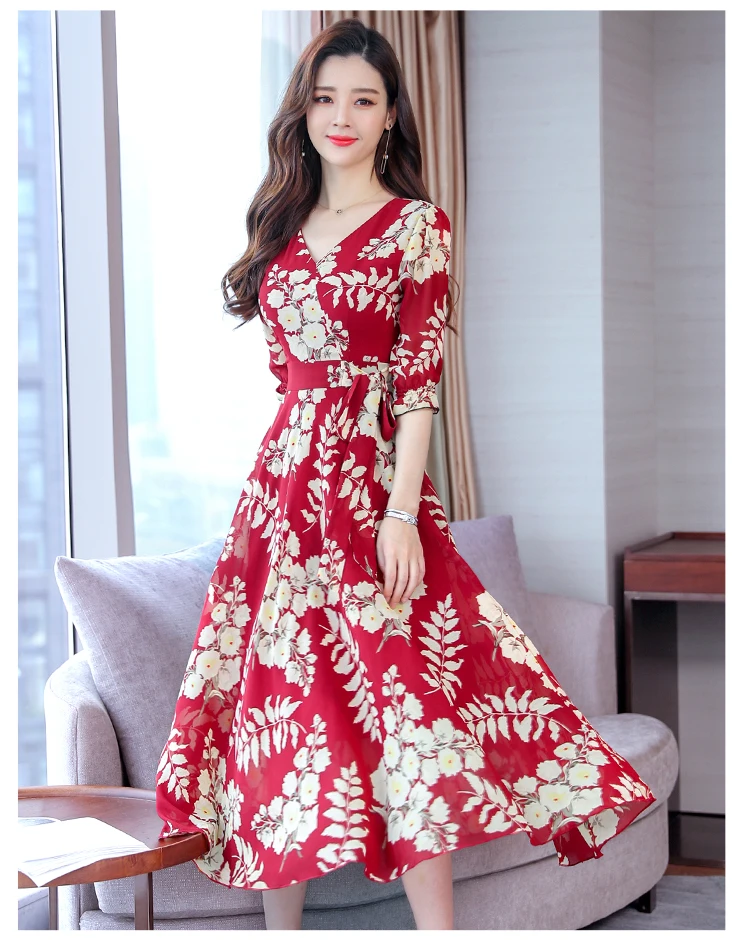 High Quality Plus Size Fashion Autumn New Arrival Collect Waist 3/4 Sleeve FeatherPrinting Woman Long V Neck Chiffon Dress