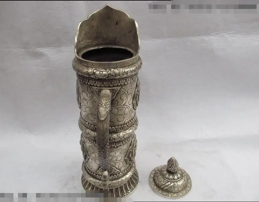 Tibet White Copper Bronze Silver Eight treasures Dragon Lion Flagon wine pot | Дом и сад