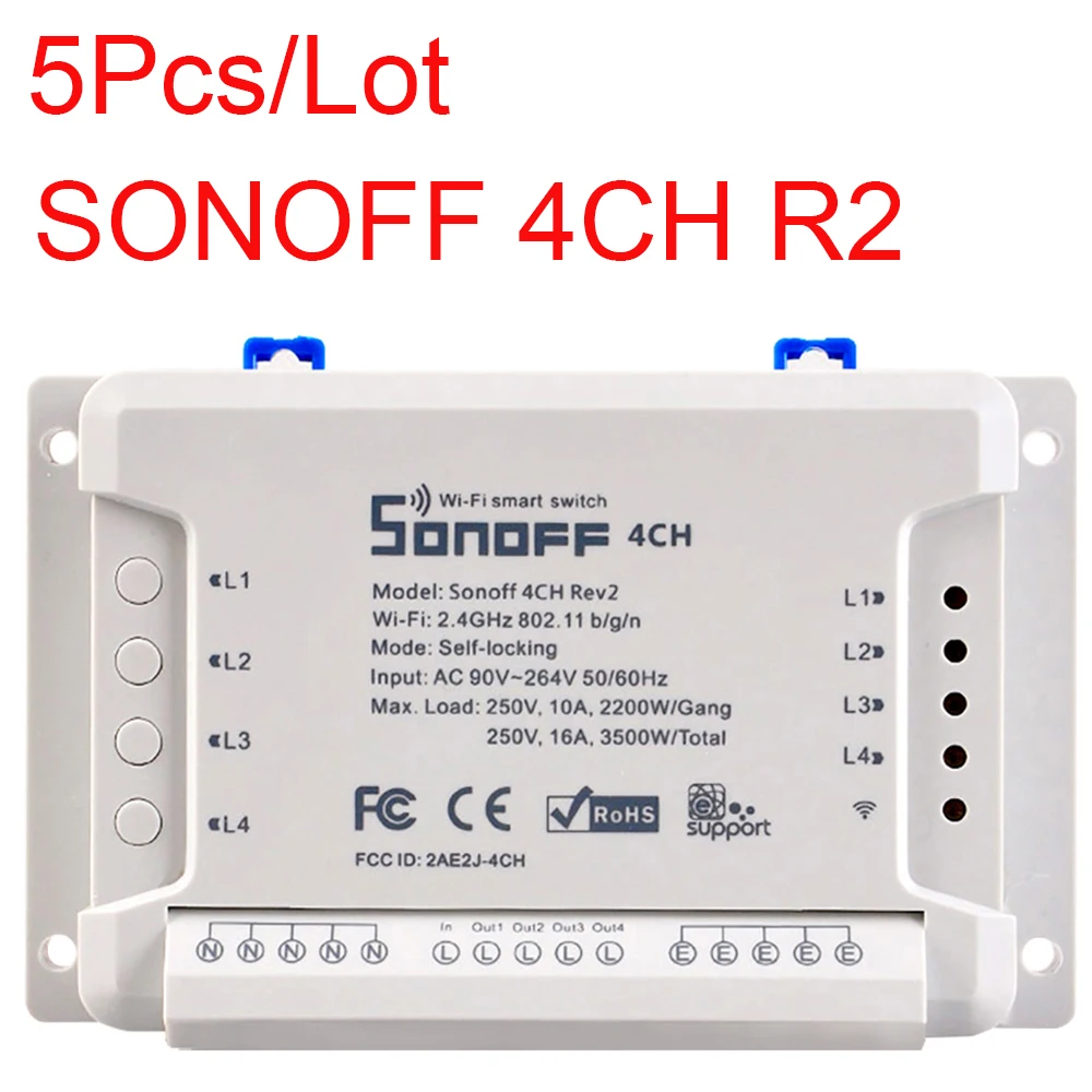 5 шт. Sonoff 4CH R2 4 канала 10А пульт дистанционного управления выключатель света Wifi