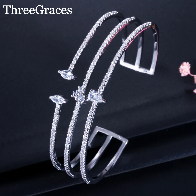 ThreeGraces Модный 3 ряда регулируемый браслет CZ камень микро проложить серебряный