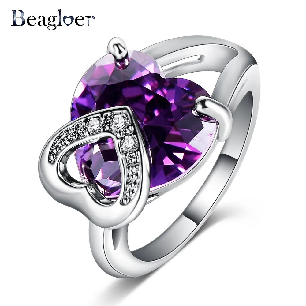 Beagloer Модные украшения фиолетовый cz Кристалл Кольца Bijoux серебро Цвет Двойное