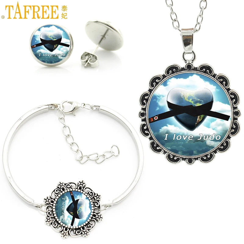 

TAFREE novelty fashion I Love Judo chain necklace earrings bracelet set Karate sports women judo black belt jewelry sets SP575