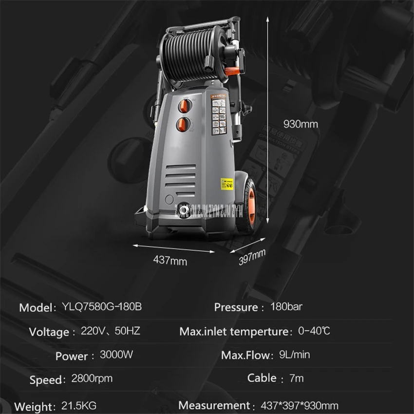 للبيع RYLQ7580G-180B الكهربائية المحمولة سيارة غسالة الضغط العالي غسالة 9 L/دقيقة معدل التدفق الأقصى 220V/50Hz الضغط غسالة