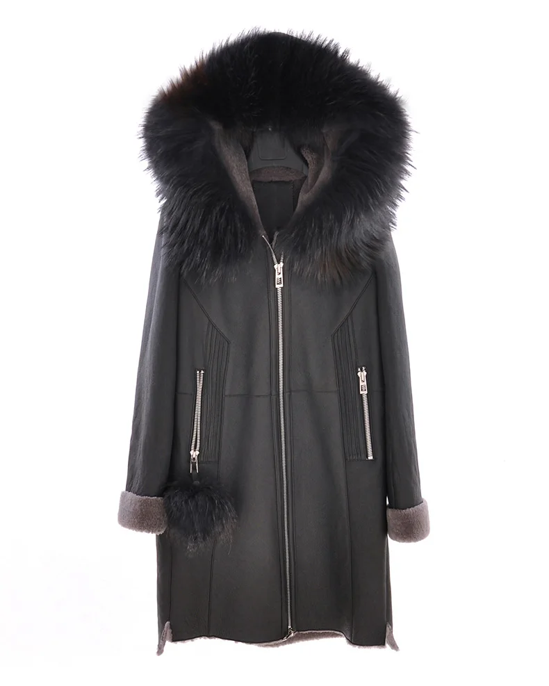 New Arrival Real Sheepskin Lady Coat With Fox Fur Collar With Long Sleeve Zipper Elegent Style Thick Warm Fur - Color: Black