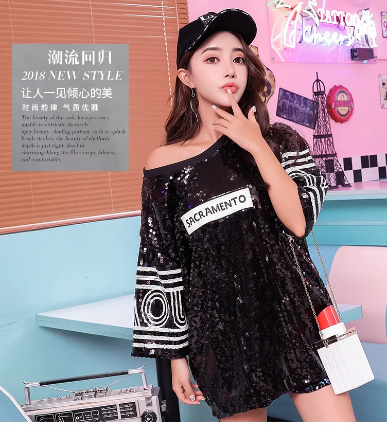 

2019 summer women's large size was thin shirts alphanumeric loose dress sequins long T-shirt female