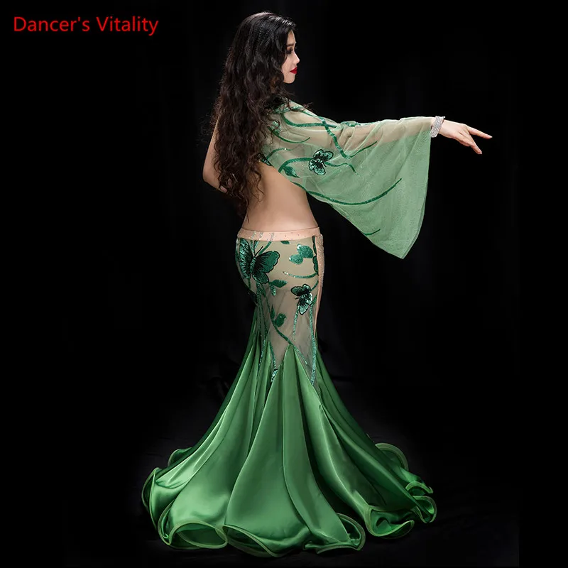 Women Lady Belly Dance Single Sleeve Bra Perspective Skirt Set Competition Performance Clothes Girls Indian Oriental Dancewear |