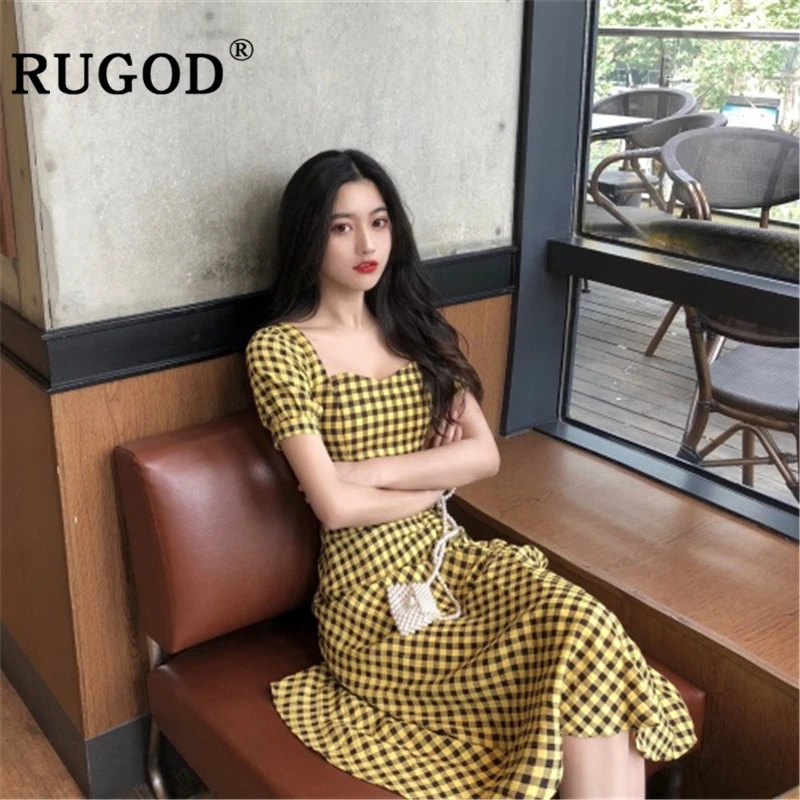 RUGOD/винтажное клетчатое длинное женское платье в Корейском стиле с квадратным