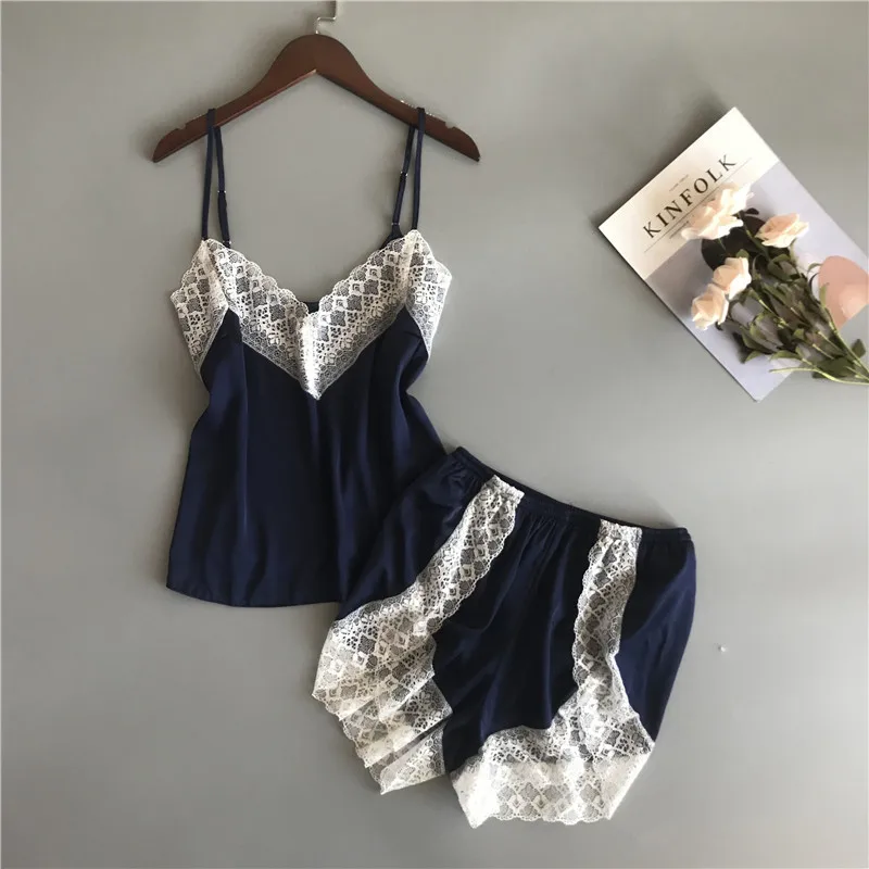 

BZEL Women Clothes For Summer Shorts Set Sleepwear Satin Pajama Cami Top + Shorts Pajamas Spaghetti Strap Lace Sexy Pyjama Mujer