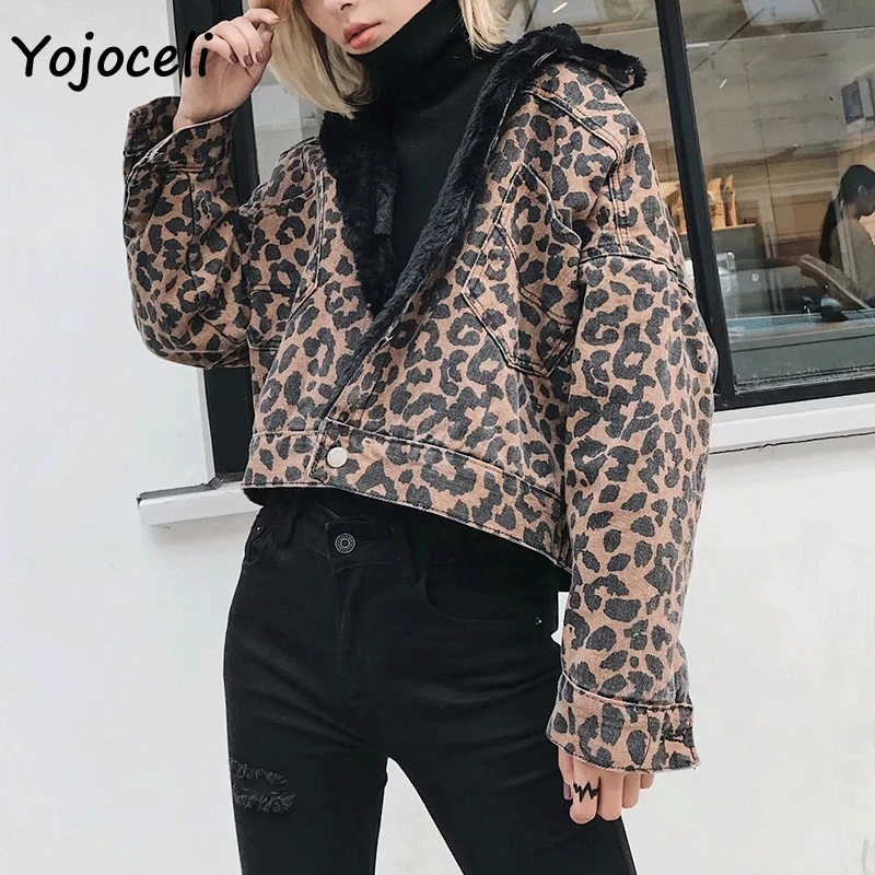 Yojocel 2018 модный Леопардовый джинсовая куртка Верхняя одежда Прохладный уличной