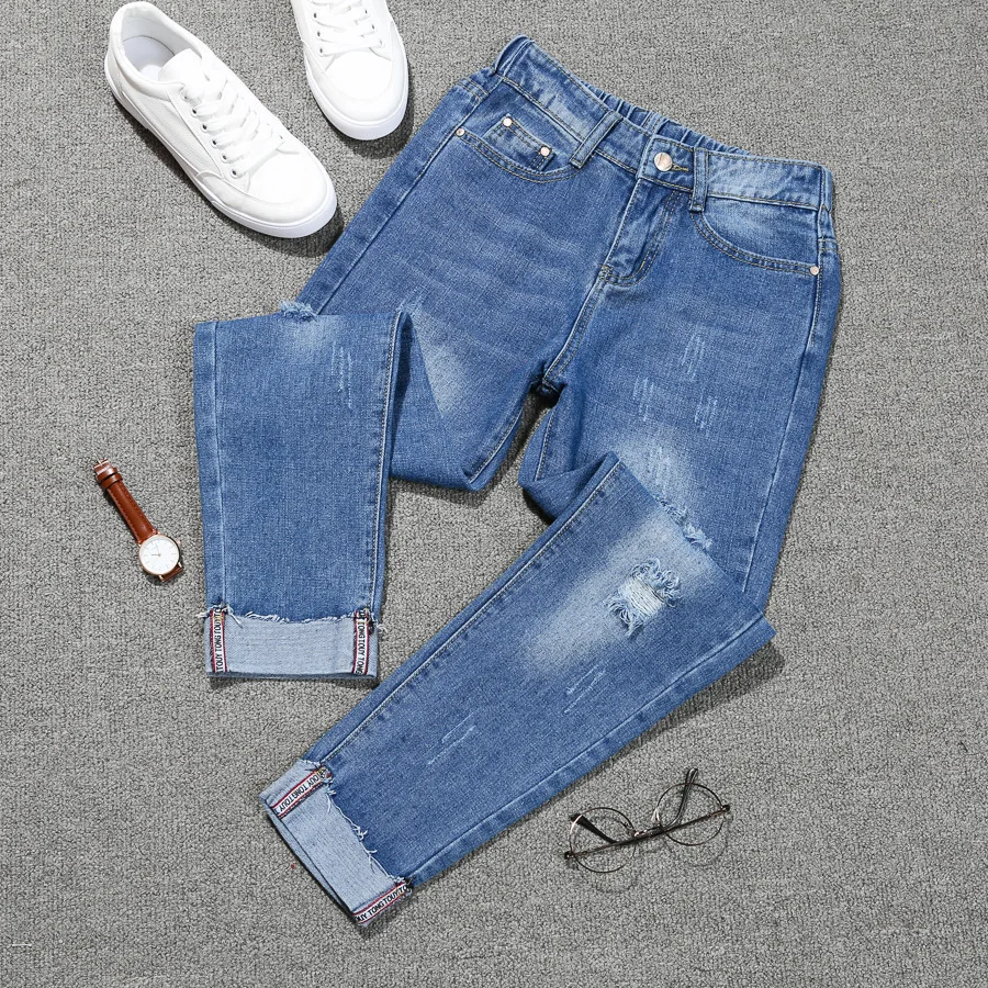 

Big Size Jeans Boyfriends Women Vintage Ripped Hole Capri Jeans Ladies Loose Ankle Length Denim Pants femme Plus Size 4Xl 5XL