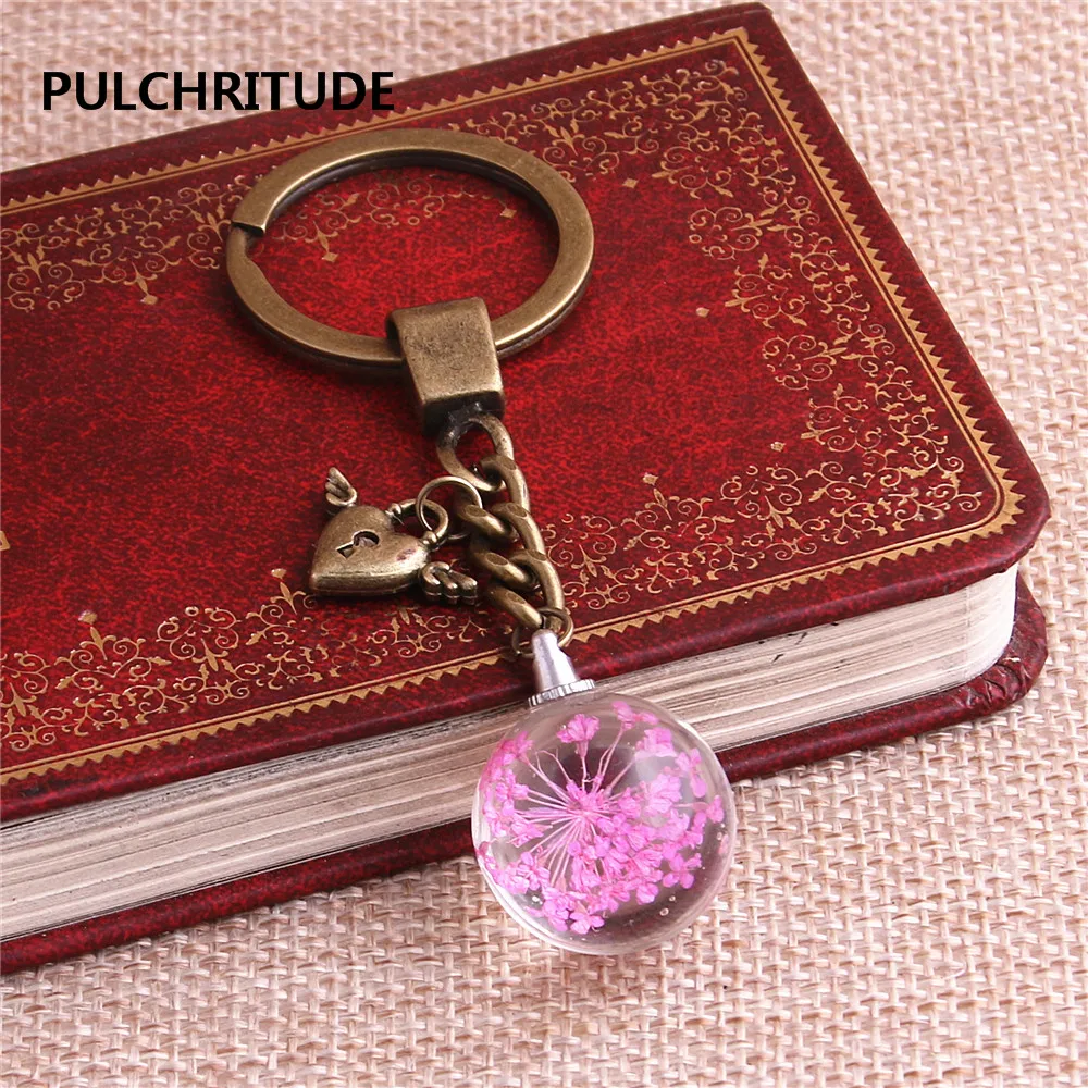 PULCHRITUDE 2 шт./партия металлический брелок хрустальный стеклянный шар кулон с высушенным цветком крылья сердце Шарм кольцо для ключей ювелирные изделия Diy C0581