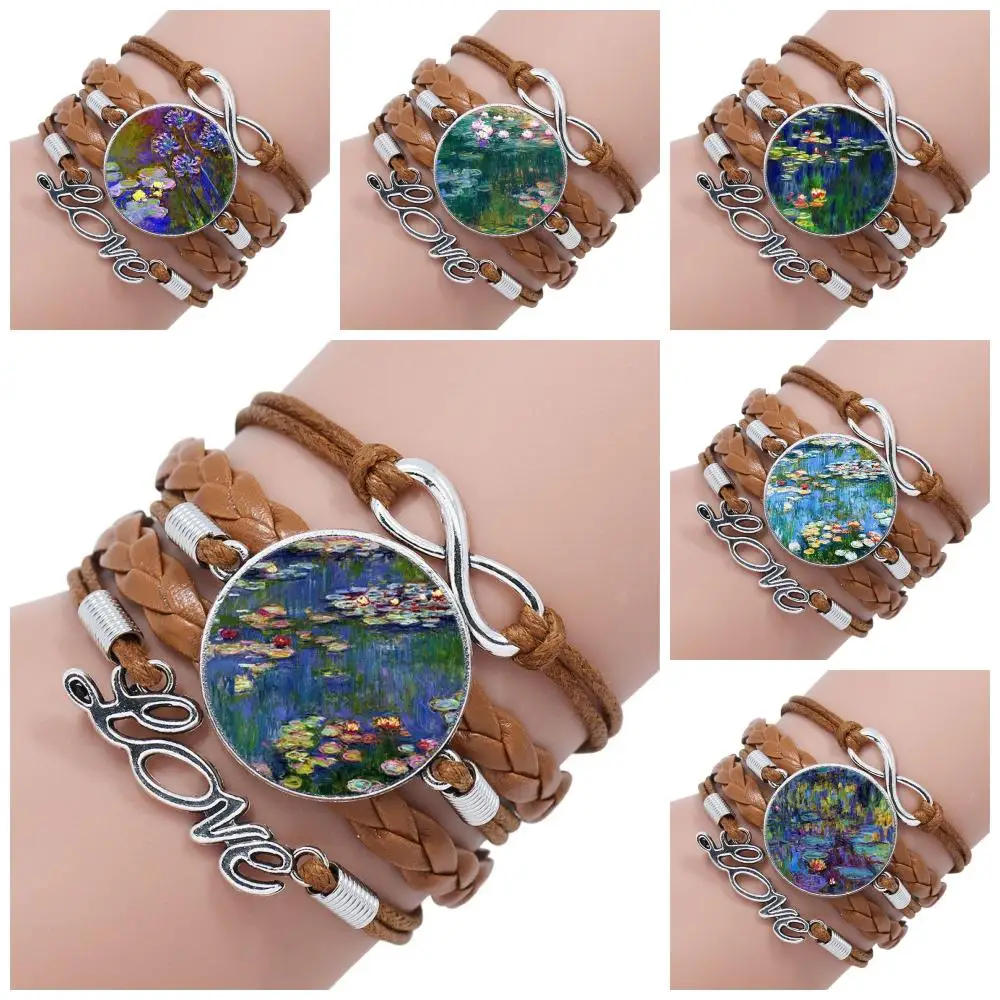 For Girls Gifts Claude Monet Water Lilies Jewelry Glass Cabochon Multilayer Black/Brown Leather Bracelet Bangle | Украшения и