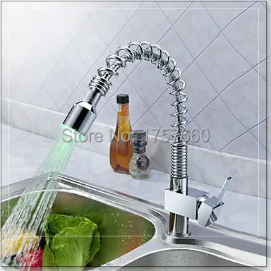 Free Shipping Glow Temperature Sensor LED Water Pull Out Kitchen Faucet Copper Sink Mixer Tap Torneira Cozinhan kitc Обустройство