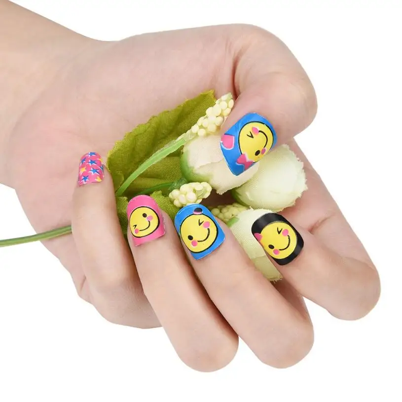 24Pcs Kids Press-on False Nails Tip Cartoon Pattern Full Nail Pre-glue for Children Girls 2u0201 | Красота и здоровье
