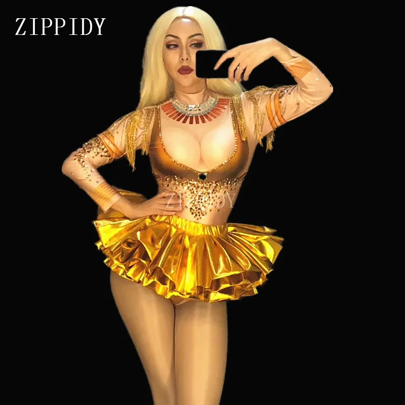 

2019 Sexy Gold Rhinestones Tassel Bodysuit Stage Dance Wear Leotard Costume Singer Performance Stretch Outfit YOUDU
