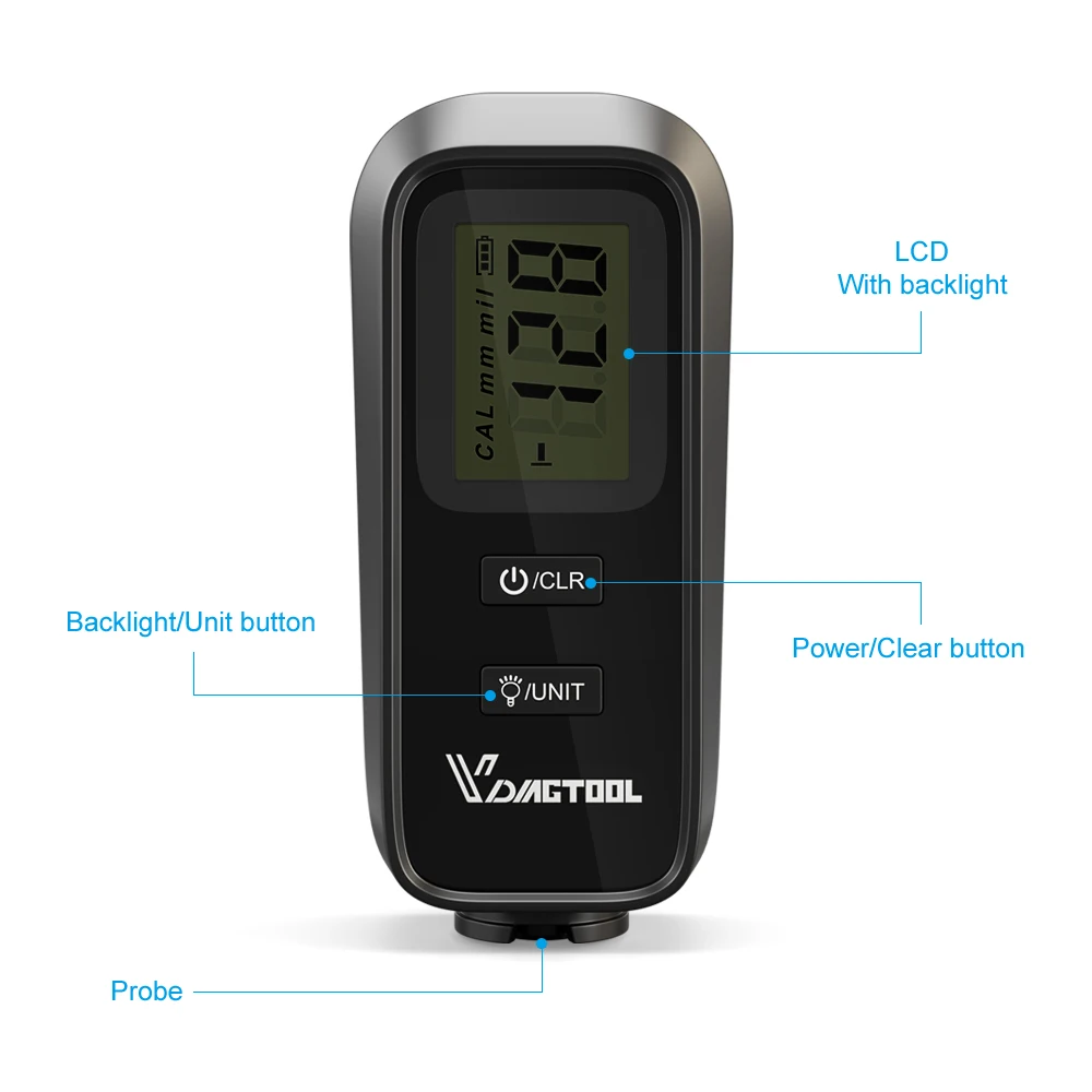 VDIAGTOOL VC100 OBD2 цифровой датчик толщины покрытия 1 микрон/0-1300 тестер автомобильной
