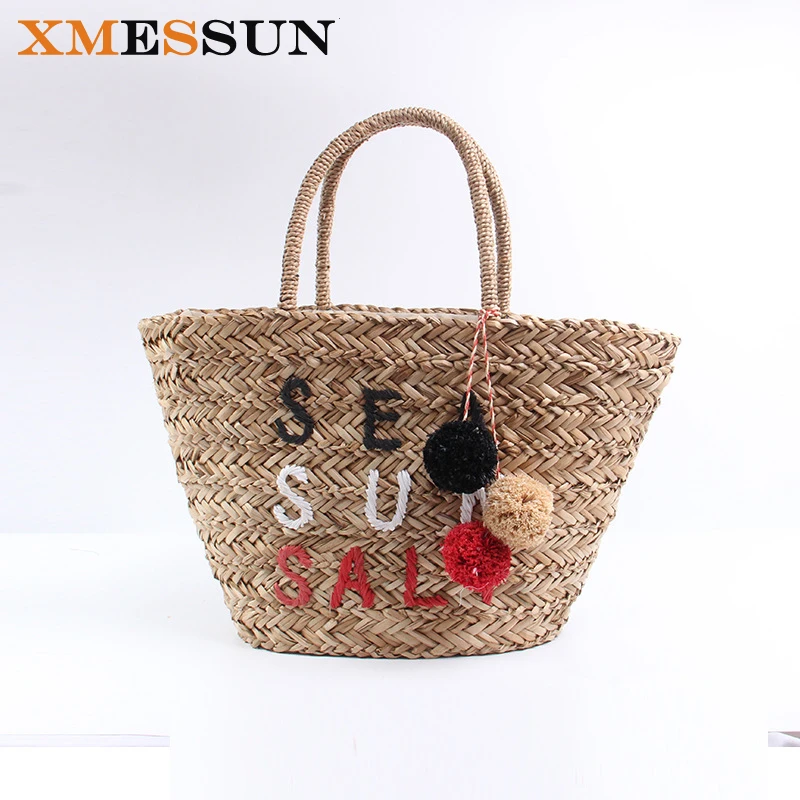 

New Natural Hand-woven Big Straw Bag Summer Straw Women Shoulder Bag Pom Pom Beach Holiday Bag Ladies Tote Large Handbag INS E39