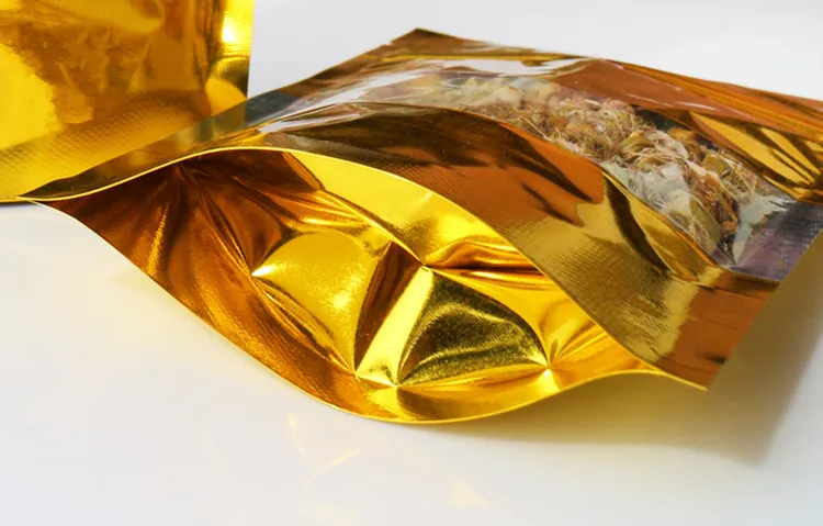 Оптовая продажа 100 шт Глянцевая Золотая алюминиевая фольга окно Ziplock мешок