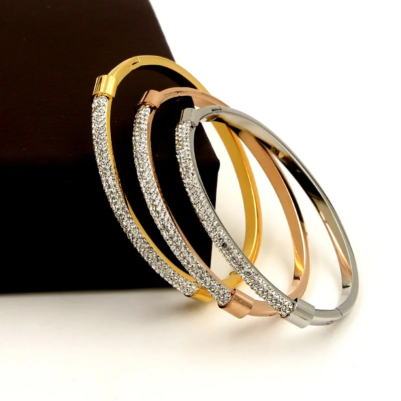 

Women Favourite Shining Full Clay Rhinestone CZ Tube Rose Gold Color / Gold Color / Silver Color Stainless Steel Bangle