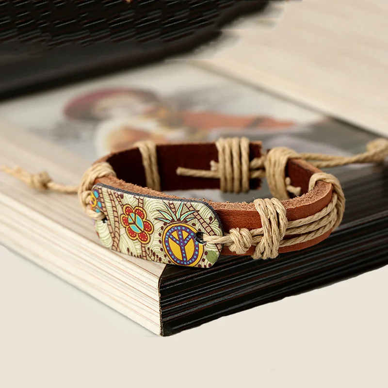 Женский кожаный браслет KYSZDL винтажный в стиле панк из сплава с цветочным принтом