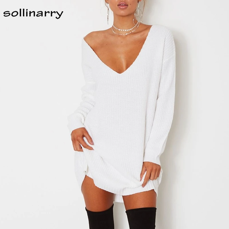 Sollinarry V Neck Off Shoulder Women's Knitted Sweater Dress Full Sleeve Long Casual Jumper Femme Pullover Autumn Winter Vestido | Женская