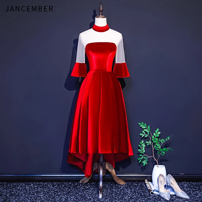 JANCEMBER 2019 последние Выпускные платья эффект высокой шеи Тюль Половина рога рукав
