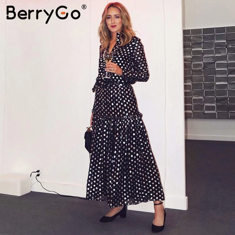 BerryGo/винтажное длинное платье в горошек зимнее со шнуровкой и длинными рукавами