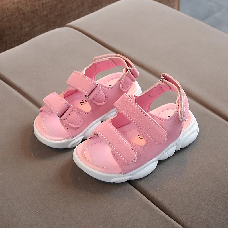 Сандалии для мальчиков и девочек мягкие кожаные однотонные с открытым носком