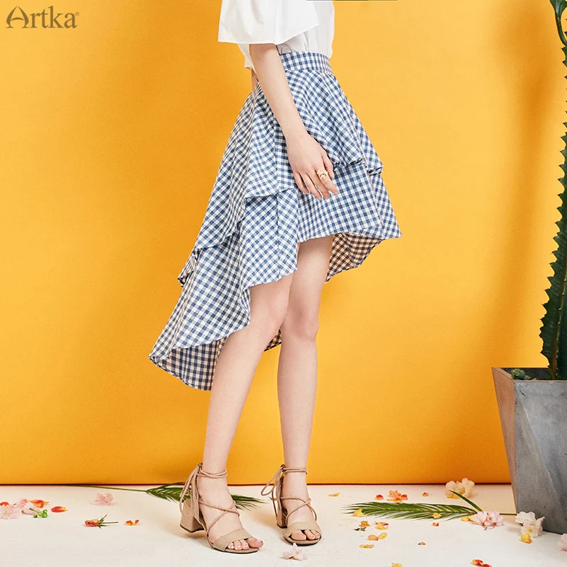 ARTKA, летняя женская юбка, модная, ласточкин хвост, короткая юбка в клетку, с принтом, двойной слой, необычный дизайн, юбка для женщин, QA15096X