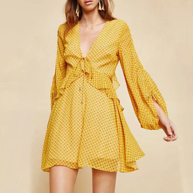 2019 Spring Women Deep V-Neck Long Sleeve Printed Chiffon Dress With Ruffles Ladies Pleated Dresses | Женская одежда