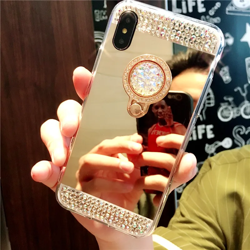 Блестящий зеркальный чехол со стразами для iphone 7 8 plus X 10 360 подставка с кольцом iPhone