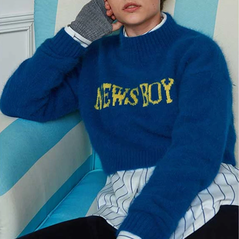 Flectit Blue Yellow Womens Fuzzy Knit Crooped Jumper Sweater with NEWSBOY Graphic Crew Neck Long Sleeve Pullovers Sweaters | Женская