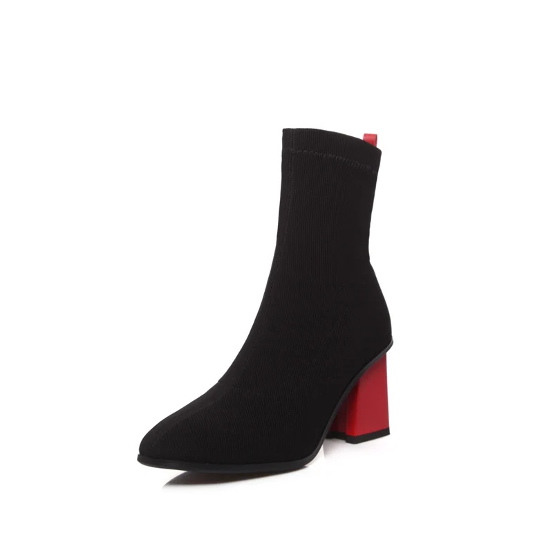 red heel MORAZORA/большие размеры 33-43; новые модные растягивающиеся ботинки; женские ботинки на Высоком толстом каблуке; сезон осень-зима; высококачественные женские ботильоны - Цвет: red heel