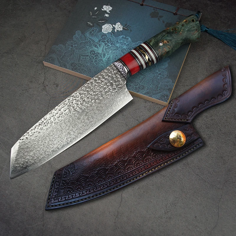 

PEDWIFE Santoku Knife VG10 Damascus Steel Tanto Blade Stabilized Wood Bunka Japanese Style Kitchen Cooking Knife with Sheath