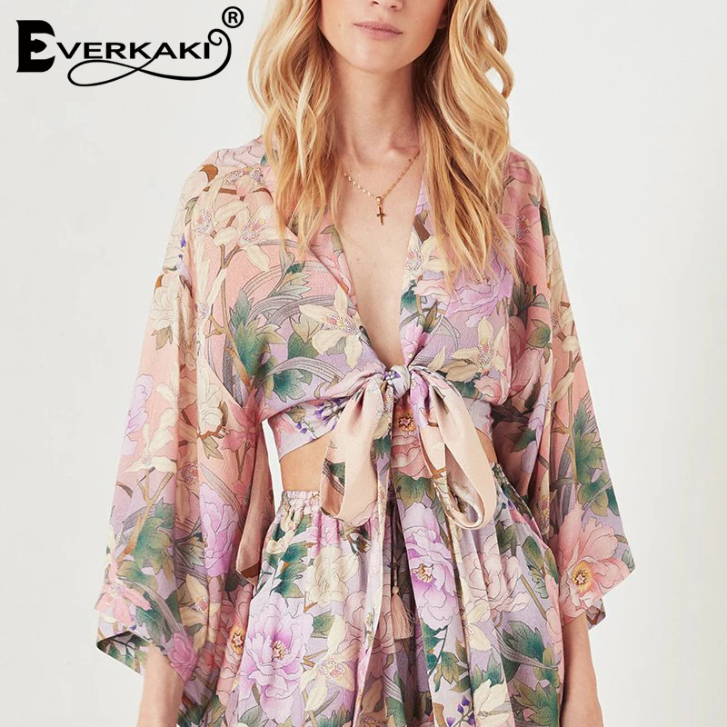Everkaki Boho блузка элегантная обертывание Цветочные женские блузки с принтом