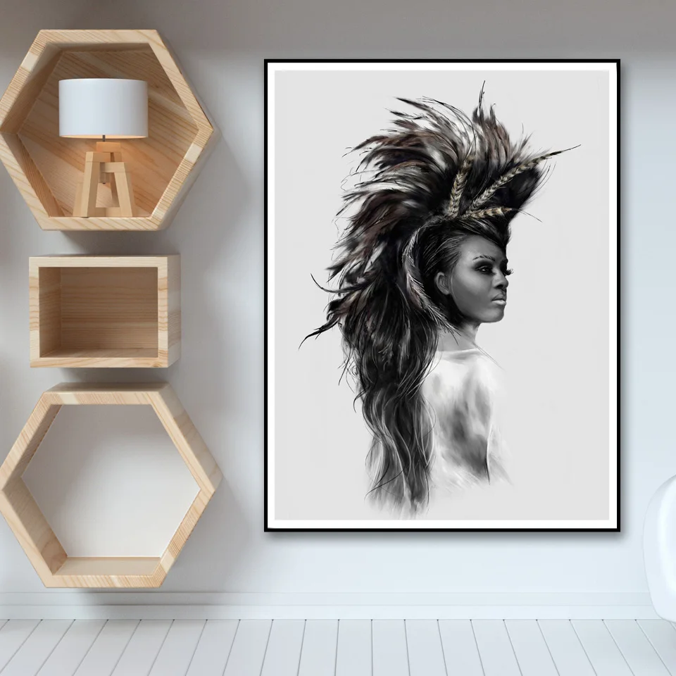 Скандинавские индейцы женские перьевые стены искусство холст картина