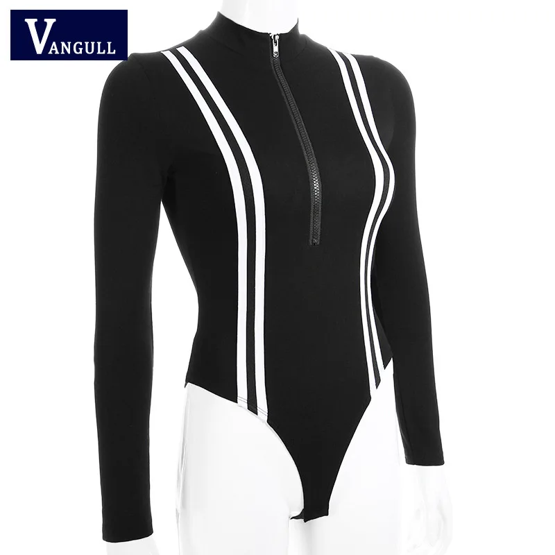 VANGULL Women Sexy Black Stripped Bodycon Bodysuit Spring Autumn Long Sleeve Bodysuits Front Zipper One Piece Romper Jumpsuits | Женская