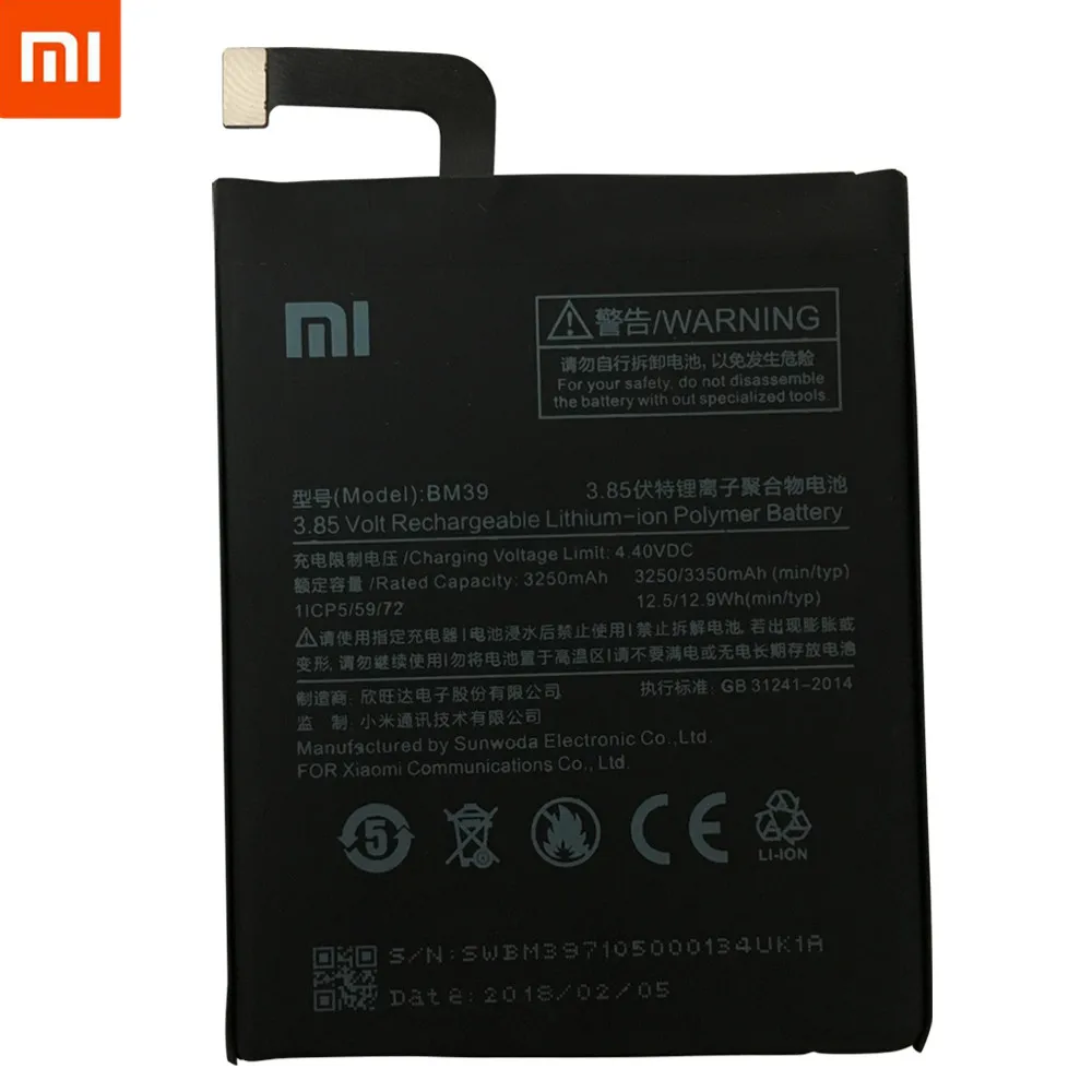 Аккумулятор для телефона Xiao mi BM39 для Xiaomi mi 6 mi 6 3250 мАч, запасная батарея большой емкости