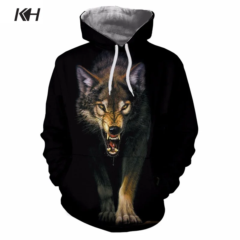 

KH Spring and Autumn Fashion Hoodies Sweatshirts Men's Casual Pullovers 3D Wolf Printed Hooded Outerwear Coat Men Hoody Tops