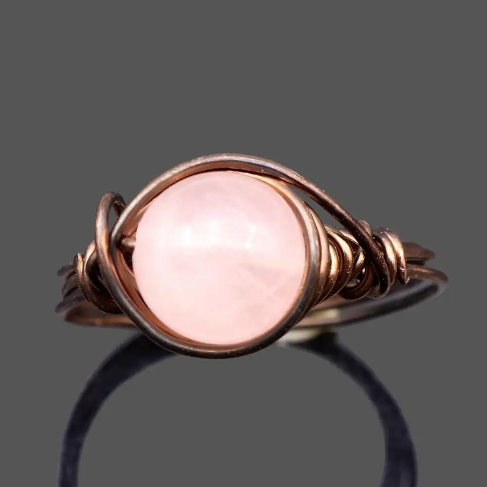 Rose Quartz Винтажные Ювелирные изделия для женщин, ручная работа, проволока, обернутая, античная латунь, круглые кольца, натуральные аметисты, Агаты, кварц, лава, камень, кольца на палец - Цвет основного камня: Rose Quartz