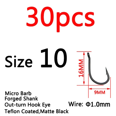 Wn Size 10 30pcs ICERIO 30 шт./упак. матовый черный с тефлоновым покрытием Карп крючки Сильный Большой Карп барбел рыболовные крючки для Chod Rig установки волос - Цвет: Wn Size 10 30pcs