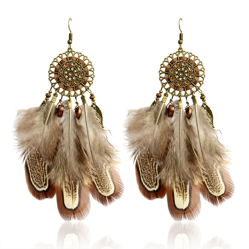 

Brown Long Feather Drop Earrings Indian Vintage Bohemia Ethnic Dreamcatcher Beads Danglers Charm Earrings Women Ear Jewelry Gift