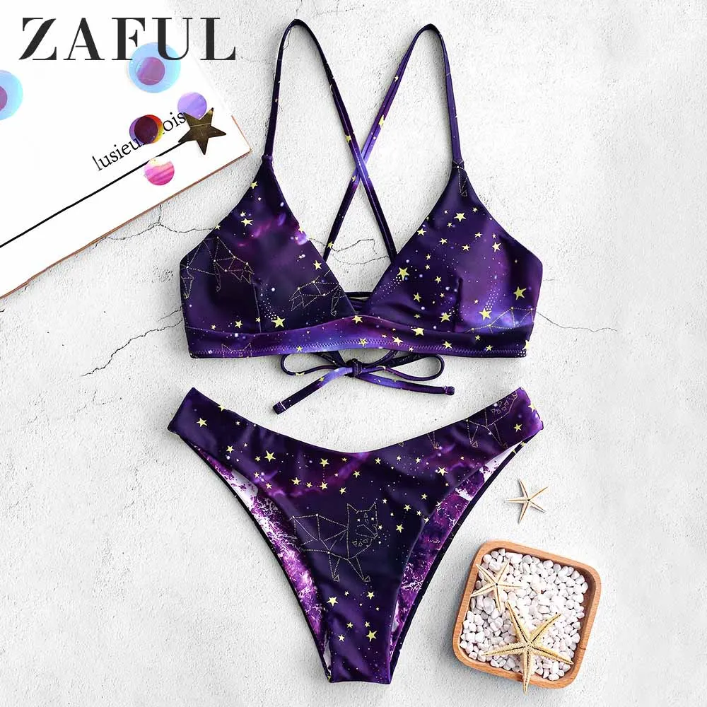 ZAFUL двустороннее бикини с принтом Галактики на шнуровке тонких бретельках крест