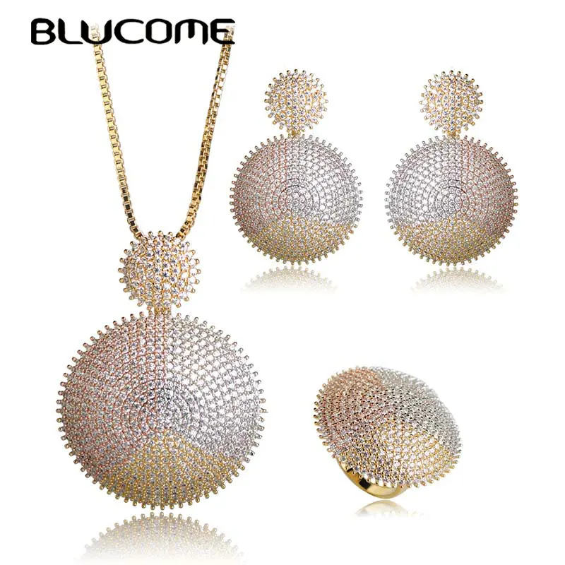Женский комплект из колье и серёг Blucome трехцветный с подвеской в форме солнца |