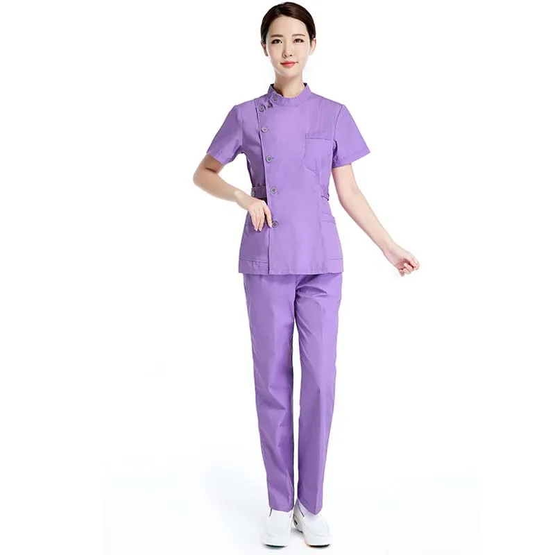 light purle set Женская медицинская униформа, скраб, набор одежды для больниц, тонкая, подходит для зубов, скрабы для салона красоты, униформа медсестры, регулируемый пояс, топ+ штаны - Цвет: light purle set