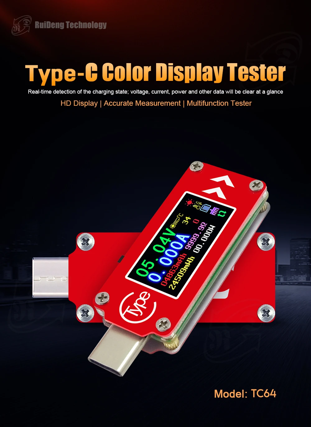 TC64 тип-c цветной ЖК-дисплей USB тестер Вольтметр Амперметр измеритель напряжения