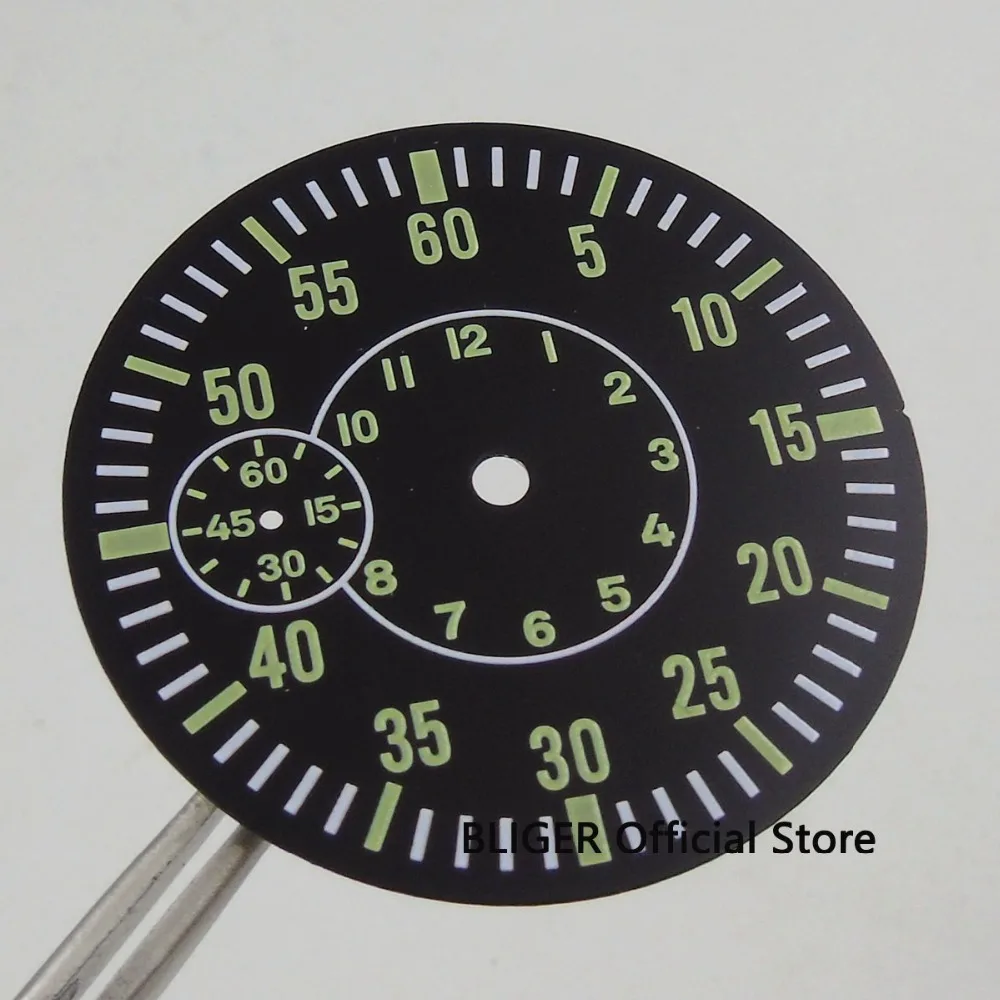 

Bliger 38.9MM Green numbers Luminous Marks Sterile Dial Fit for ETA 6497 ST 3600 Movement Watch Dial