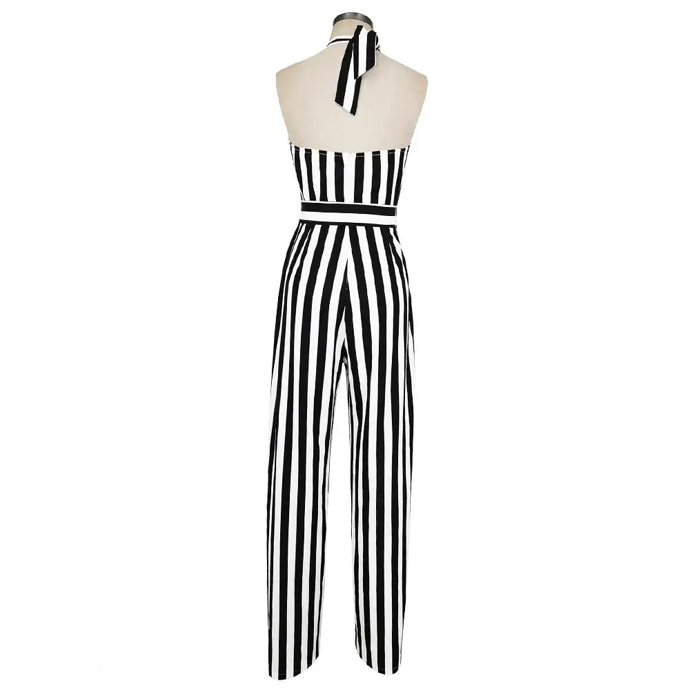 

Halter Striped Jumpsuits Women Sexy Backless Vacation Clothes Full Length Straight Pants Summer New Causal High Street Rompers