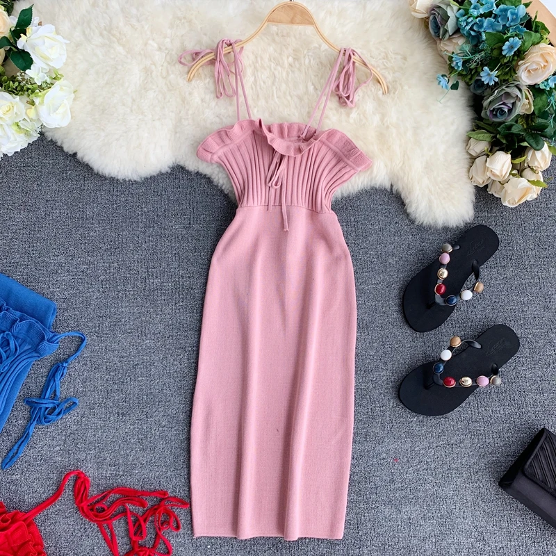 Розовый ALPHALMODA японское Милое трикотажное платье с оборками, высокая талия, женское сексуальное платье на бретелях, Пляжное праздничное вязаное платье, карамельный цвет - Цвет: Розовый